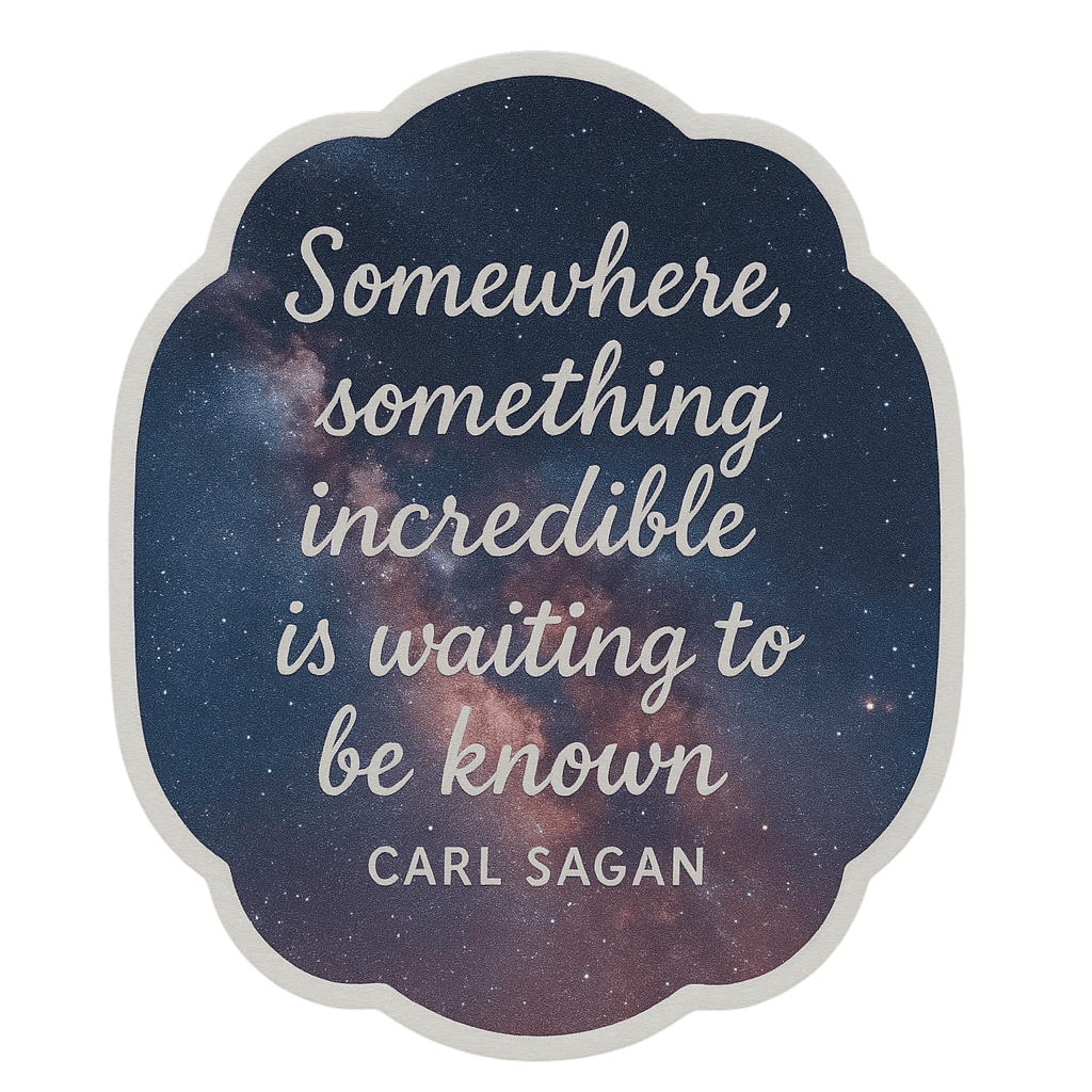 A vinyl sticker featuring a galaxy background with the quote 'Somewhere, something incredible is waiting to be known' by Carl Sagan in white text.