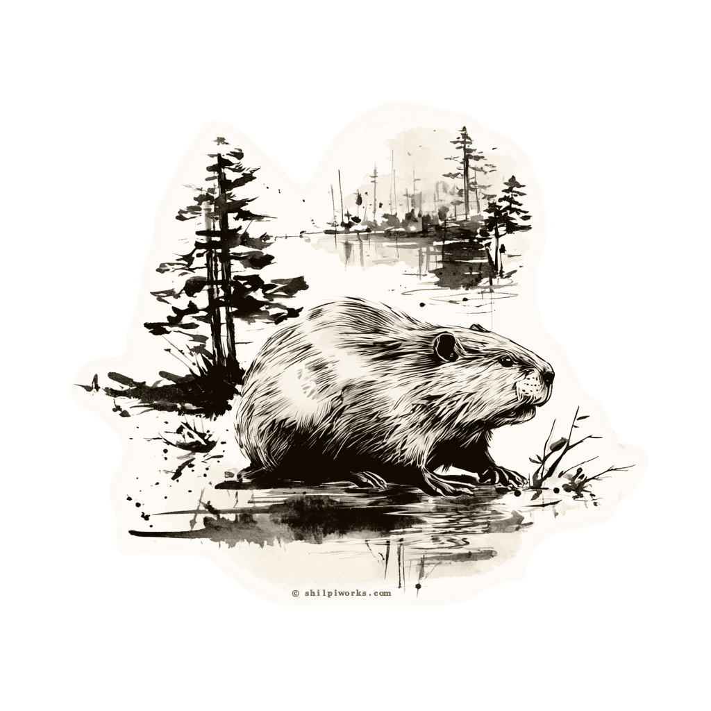 Illustration of a beaver in a lake setting with pine trees in the background.