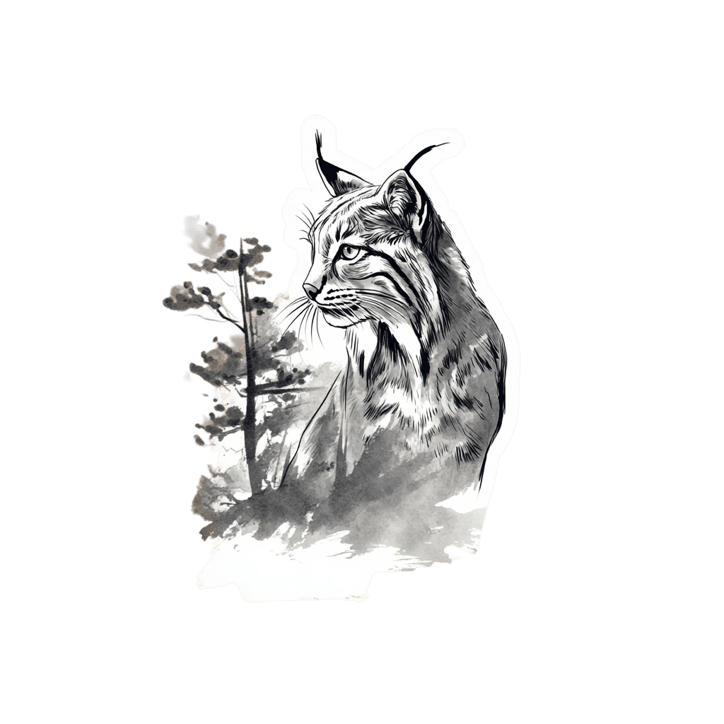 Ink-wash style drawing of a lynx and forest.