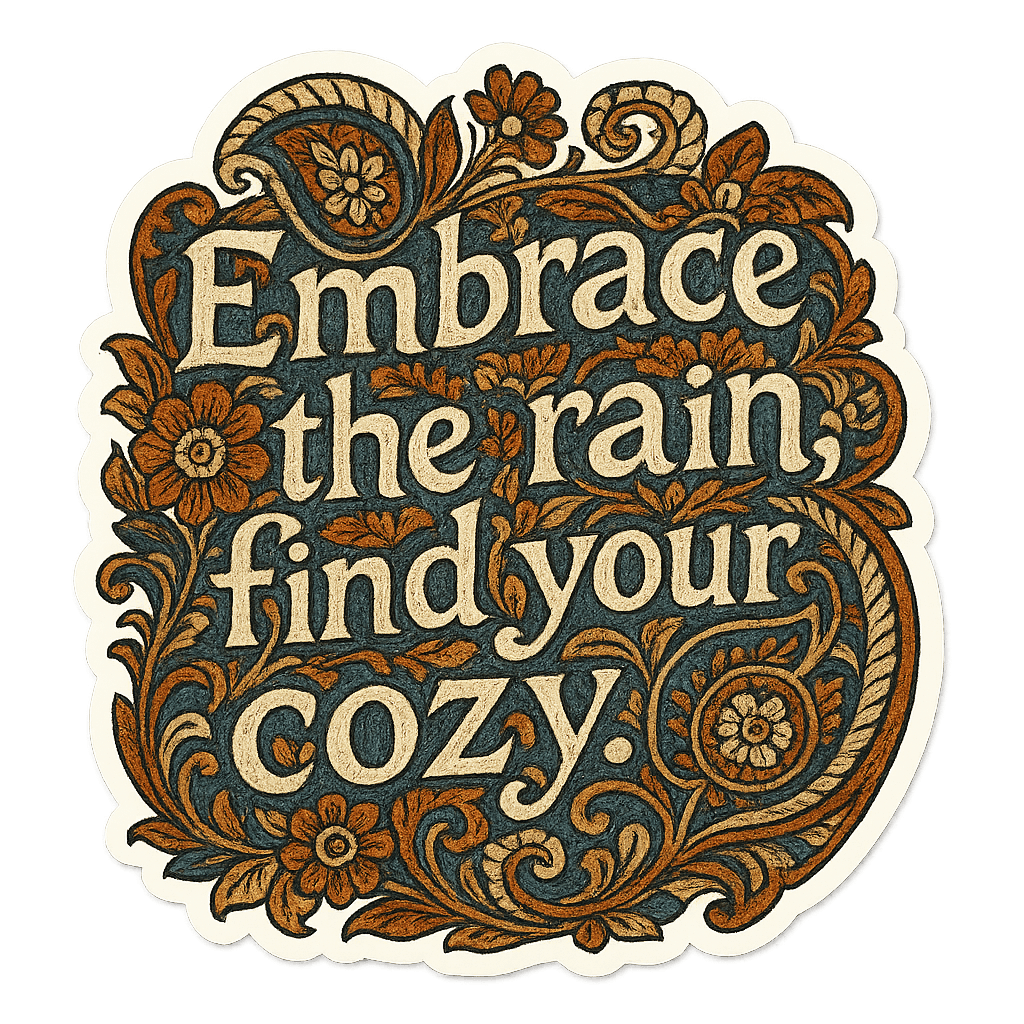 Cozy Rain Comforting Message with Floral Scrollwork