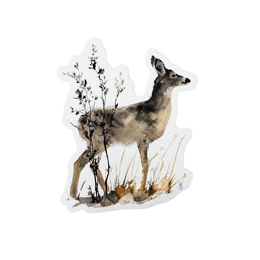 Watercolor illustration of a deer in foliage with a white border.