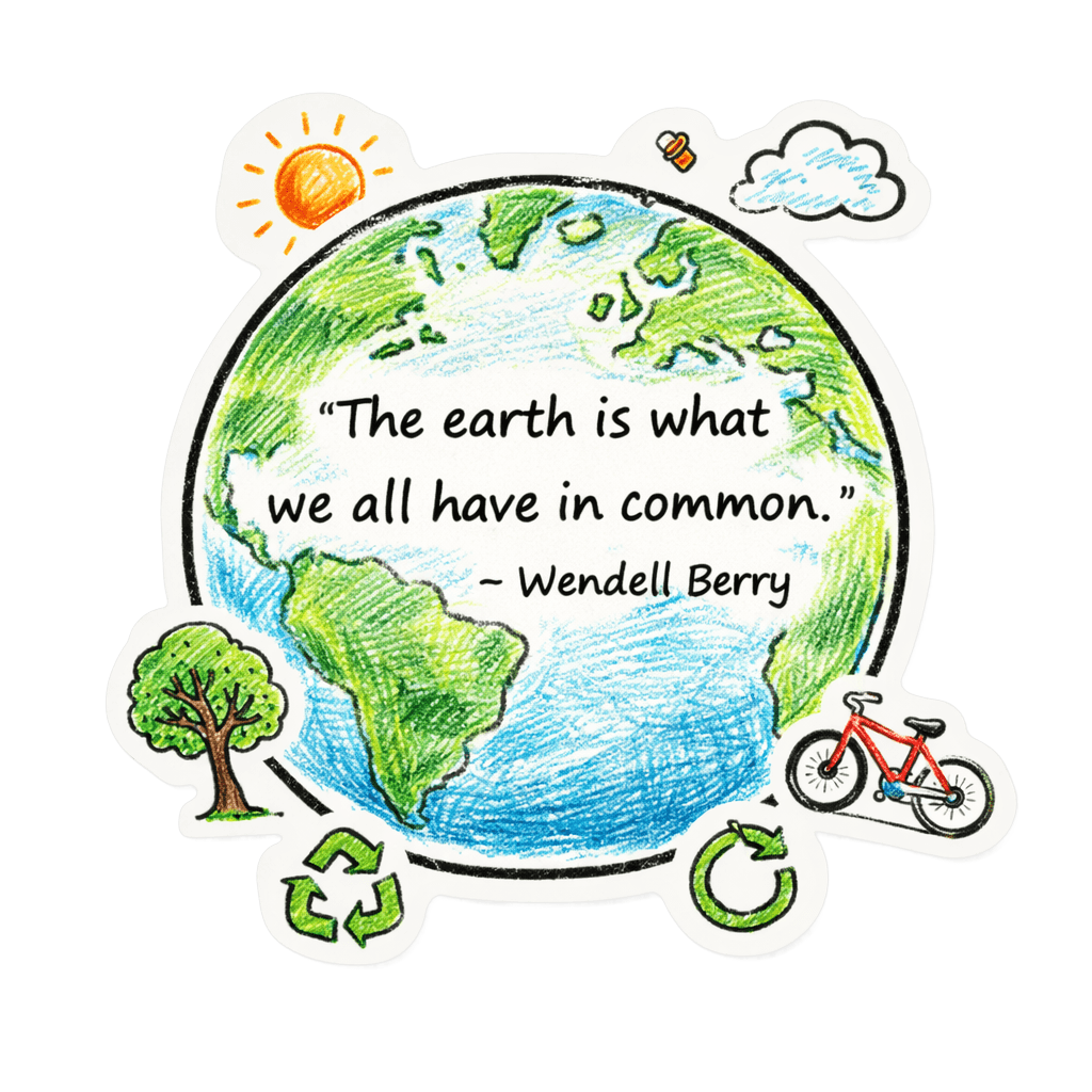 A round sticker with a hand-drawn Earth and a Wendell Berry quote about the planet, surrounded by sun, tree, recycling, and bicycle icons.