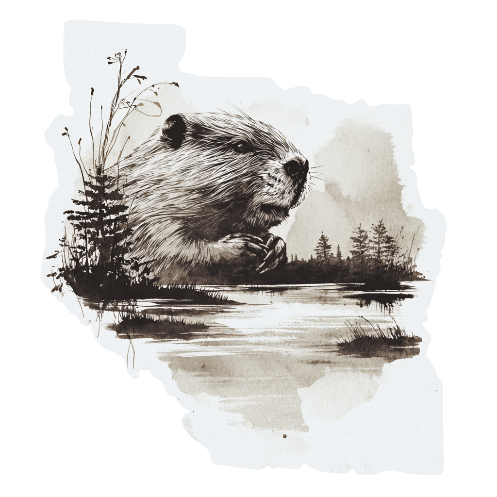 Detailed ink-wash illustration of a beaver in a natural habitat.