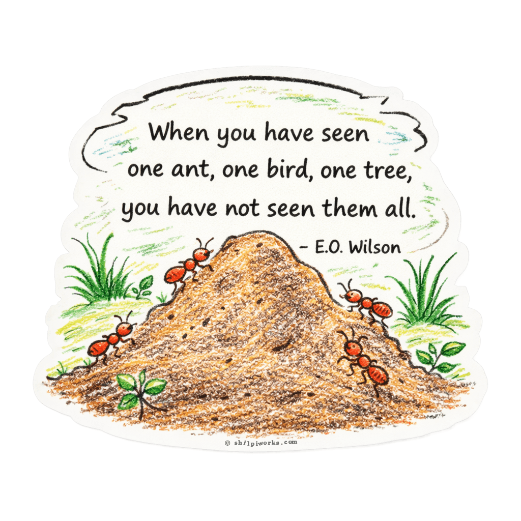 A die-cut sticker showing a detailed drawing of red ants on a brown dirt hill with green grass, featuring a quote about nature by E.O. Wilson.