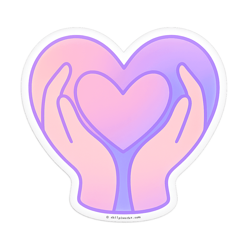 Illustration of pink heart held in cupped hands with light purple outline.
