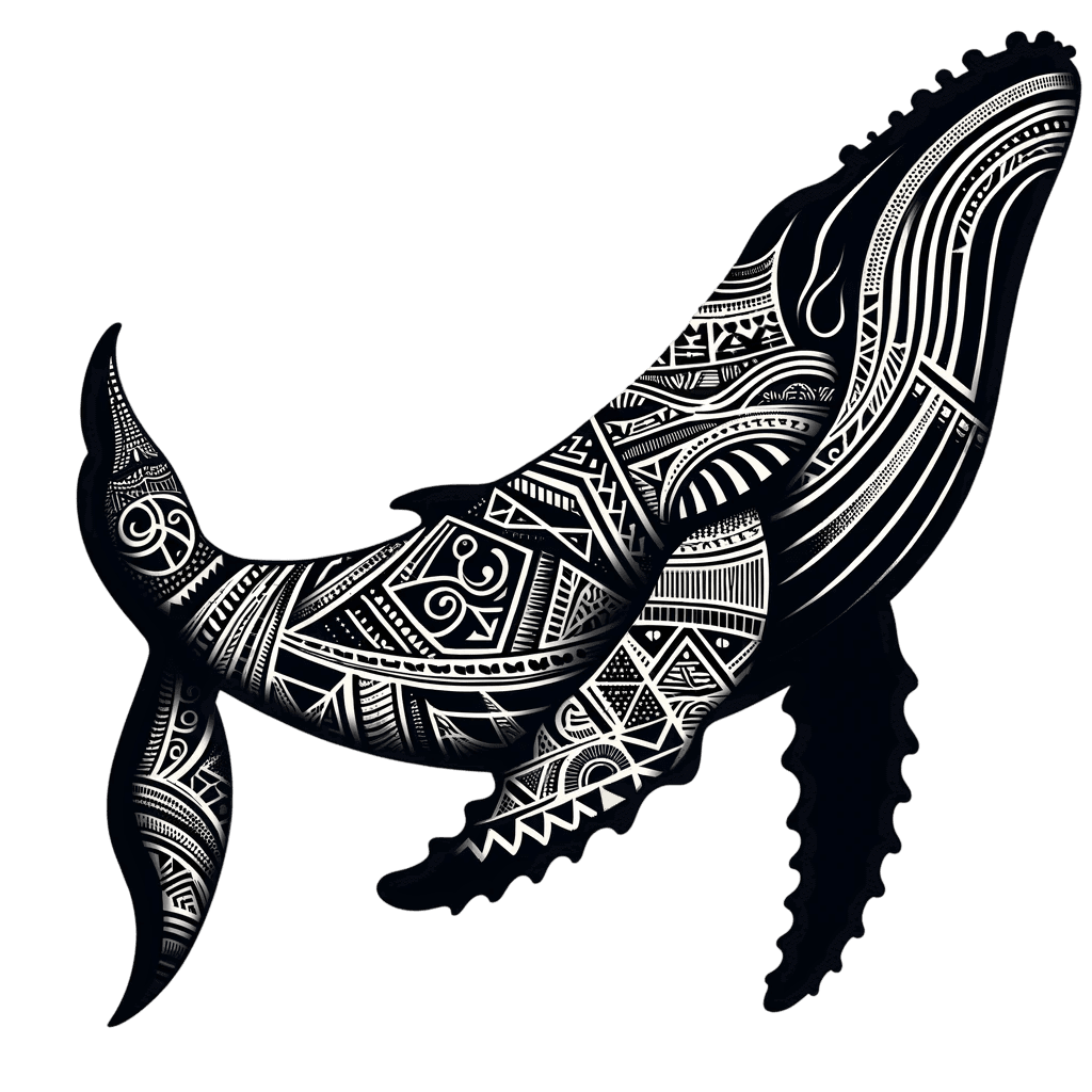 A black and white illustration of a humpback whale filled with complex, intricate tribal and geometric patterns against a plain white background.