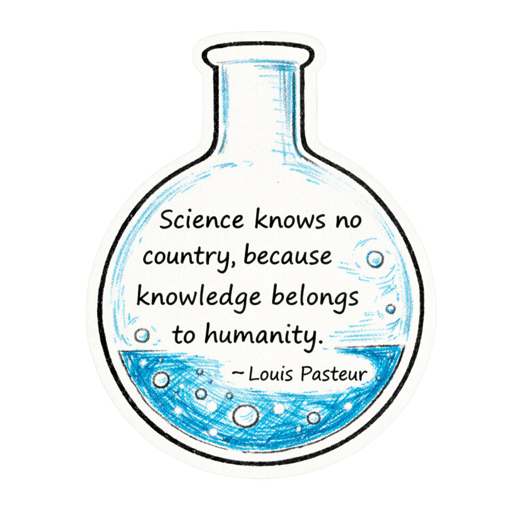 Illustration of a laboratory flask filled with blue liquid and a quote by Louis Pasteur about knowledge.