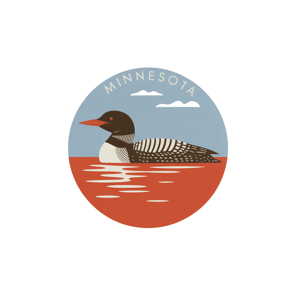 Illustration of a loon swimming in a lake with 'MINNESOTA' printed above.