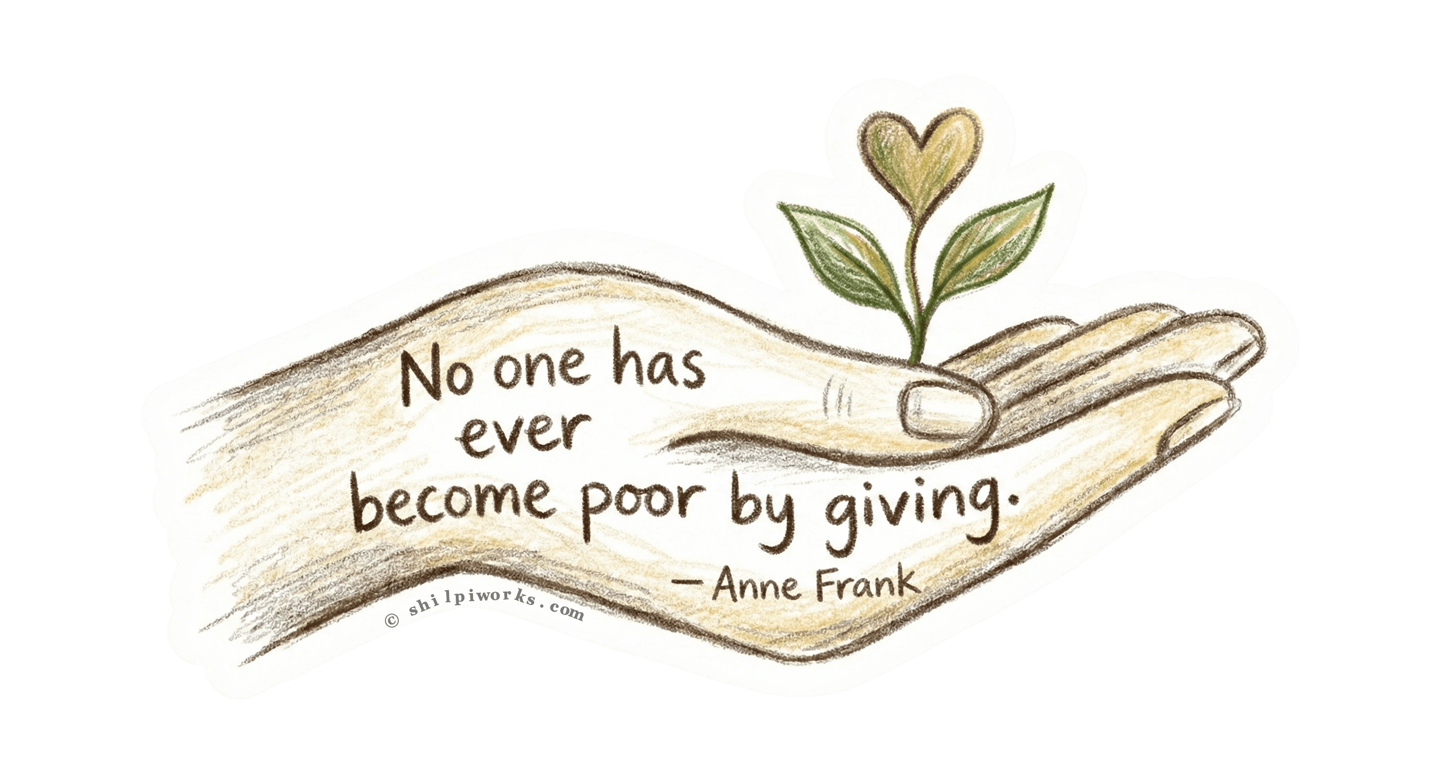 Hand sticker with Anne Frank quote and growing seedling with heart-shaped leaf