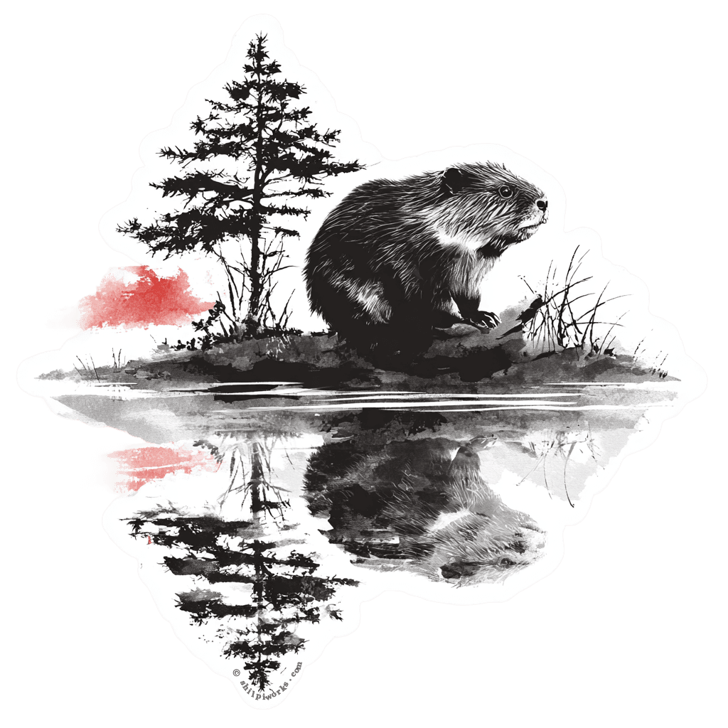 Illustration of a beaver sitting near a lake reflecting a tree and touches of red