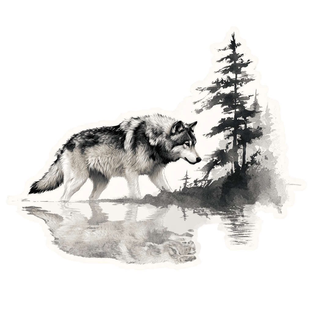 Watercolor-style art of a wolf wading through water with trees in the background.