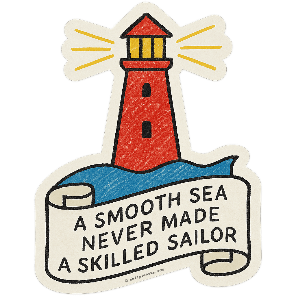 A that says 'A Smooth Sea Never Made a Skilled Sailor' featuring a lighthouse.