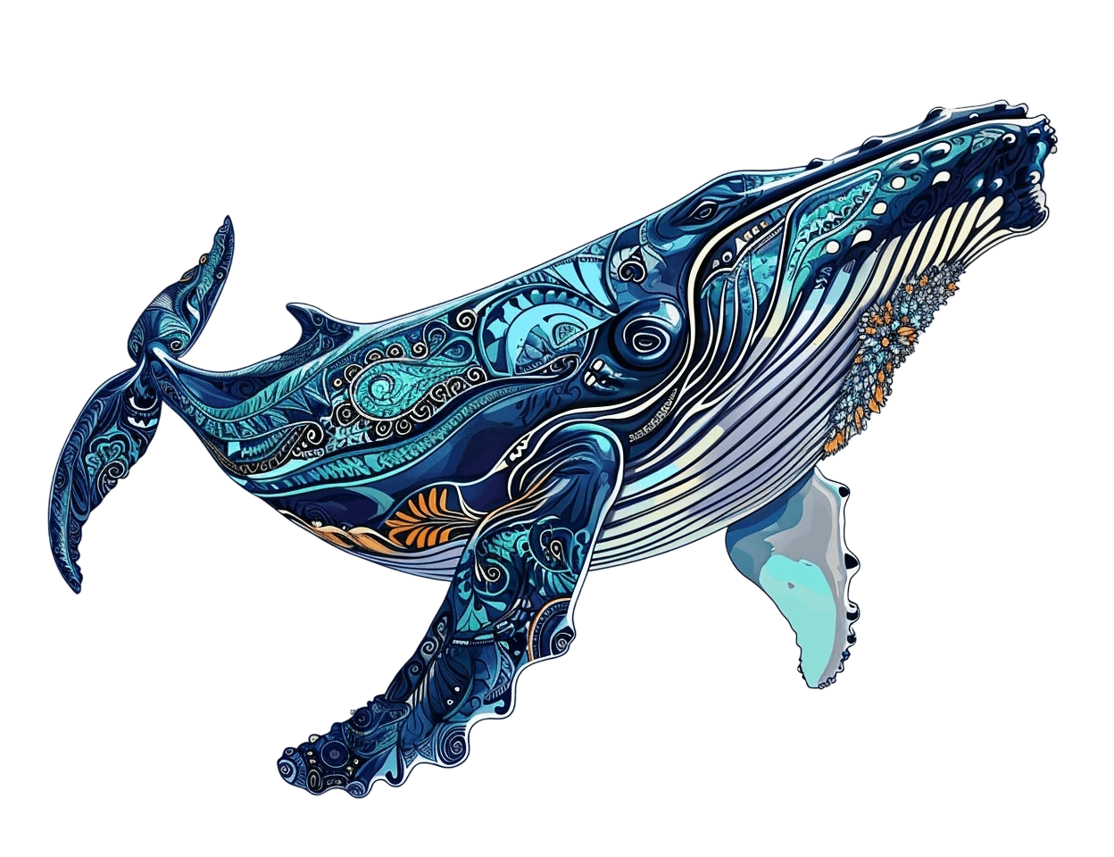 A colorful abstract whale sticker with intricate designs in blue and turquoise.