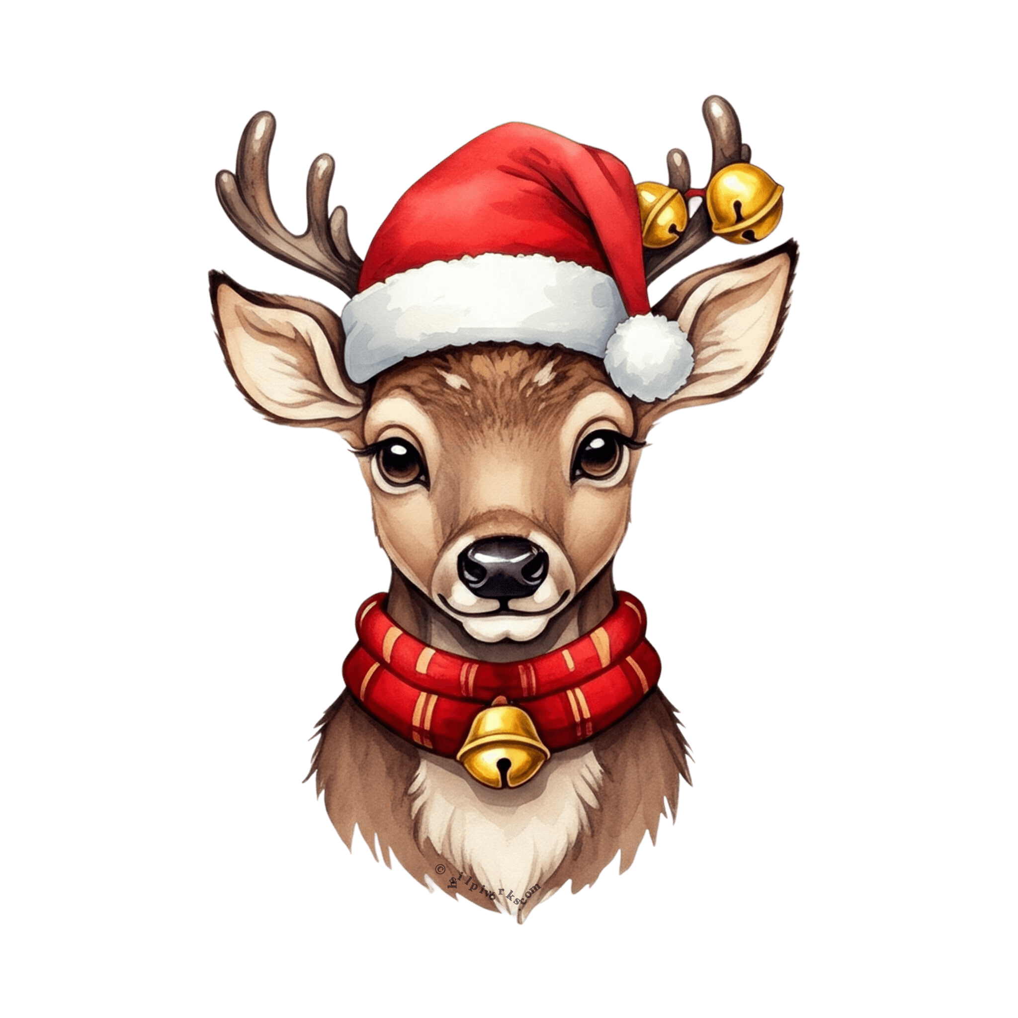 A cute deer wearing a Santa hat and a red scarf with a bell.