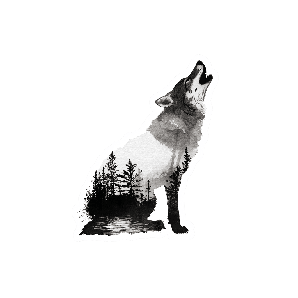Black and white illustration of a wolf howling, with a forest and lake scene within the wolf's silhouette.