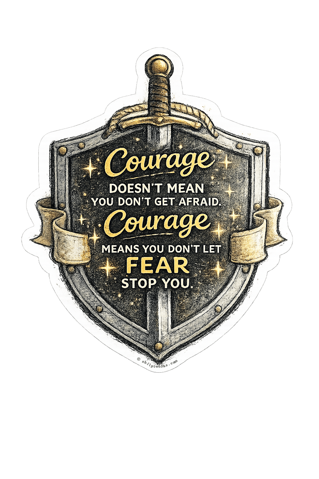 Illustration of a shield with a sword bearing the text 'Courage doesn't mean you don't get afraid. Courage means you don't let fear stop you.'