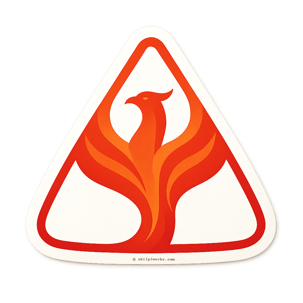 Geometric phoenix bird design in orange and red tones, inside a rounded triangular emblem.