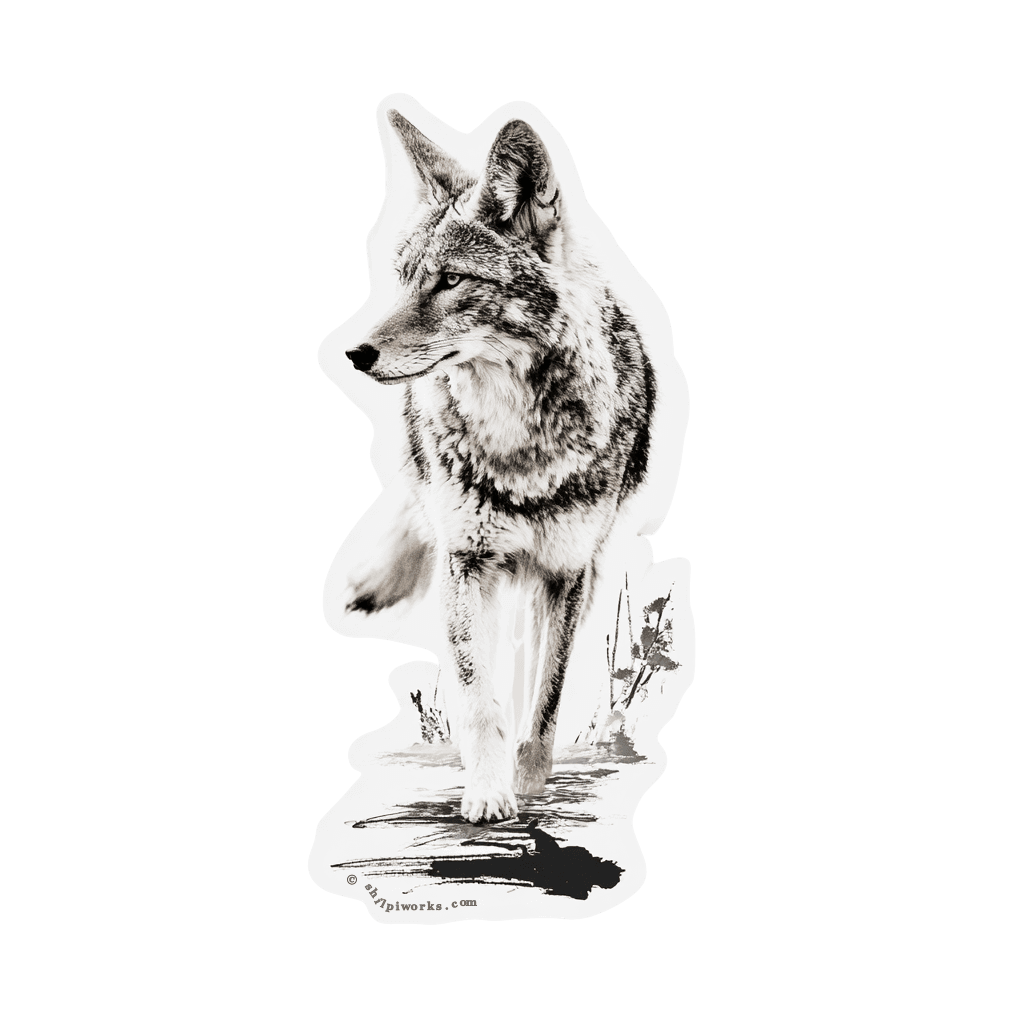 A detailed illustration of a coyote in black and white.