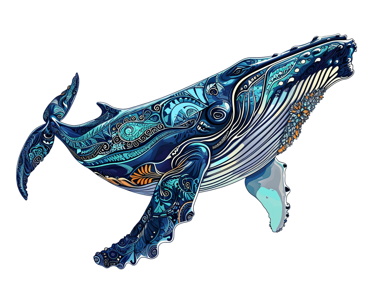 A colorful abstract whale design with intricate patterns in blue and turquoise.