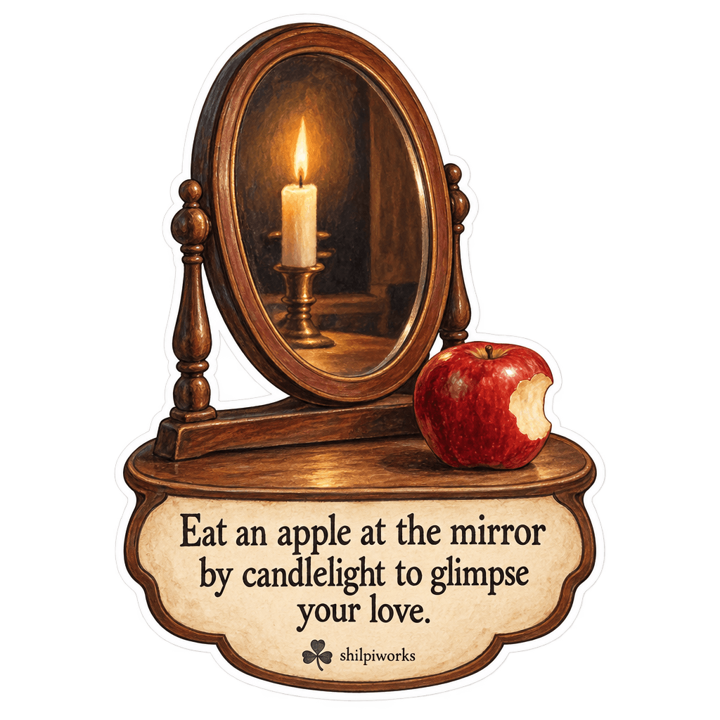 Eat an apple at the mirror by candlelight to glimpse your love.