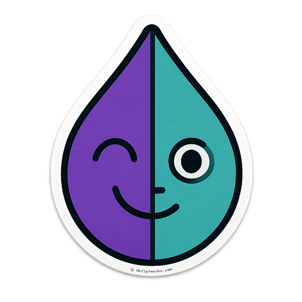 Die-cut art piece featuring a purple and blue geometric split-face with winking and open eyes.