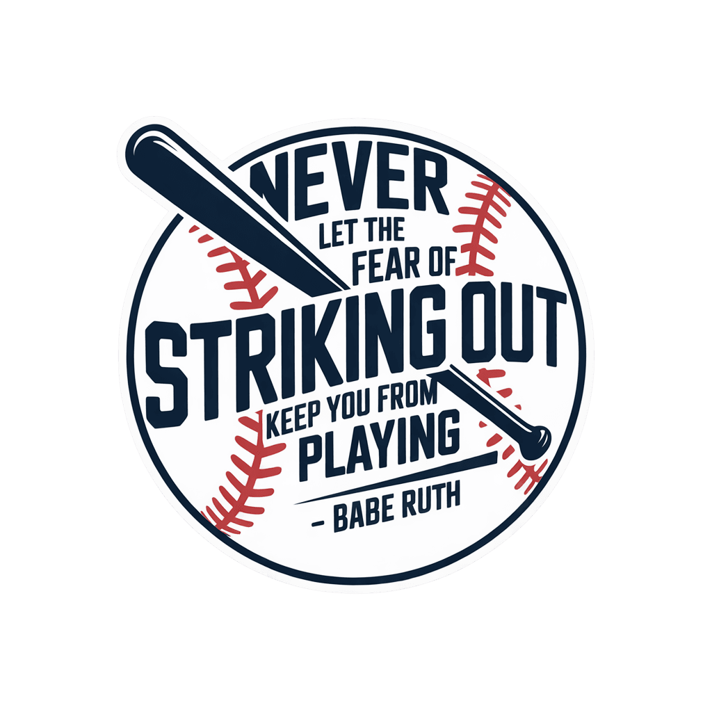 A round sticker featuring a baseball design and a motivational quote by Babe Ruth about overcoming the fear of striking out.