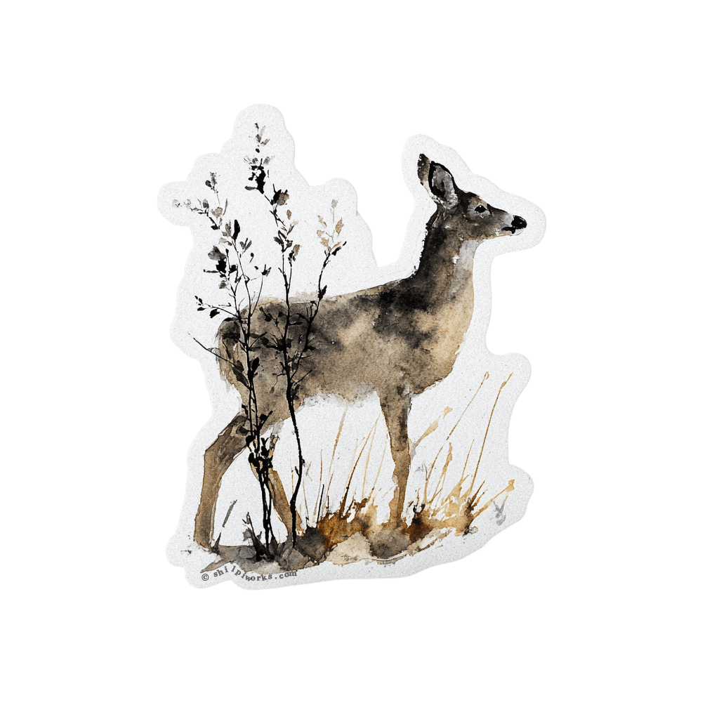 Watercolor illustration of a deer in foliage with a white border.