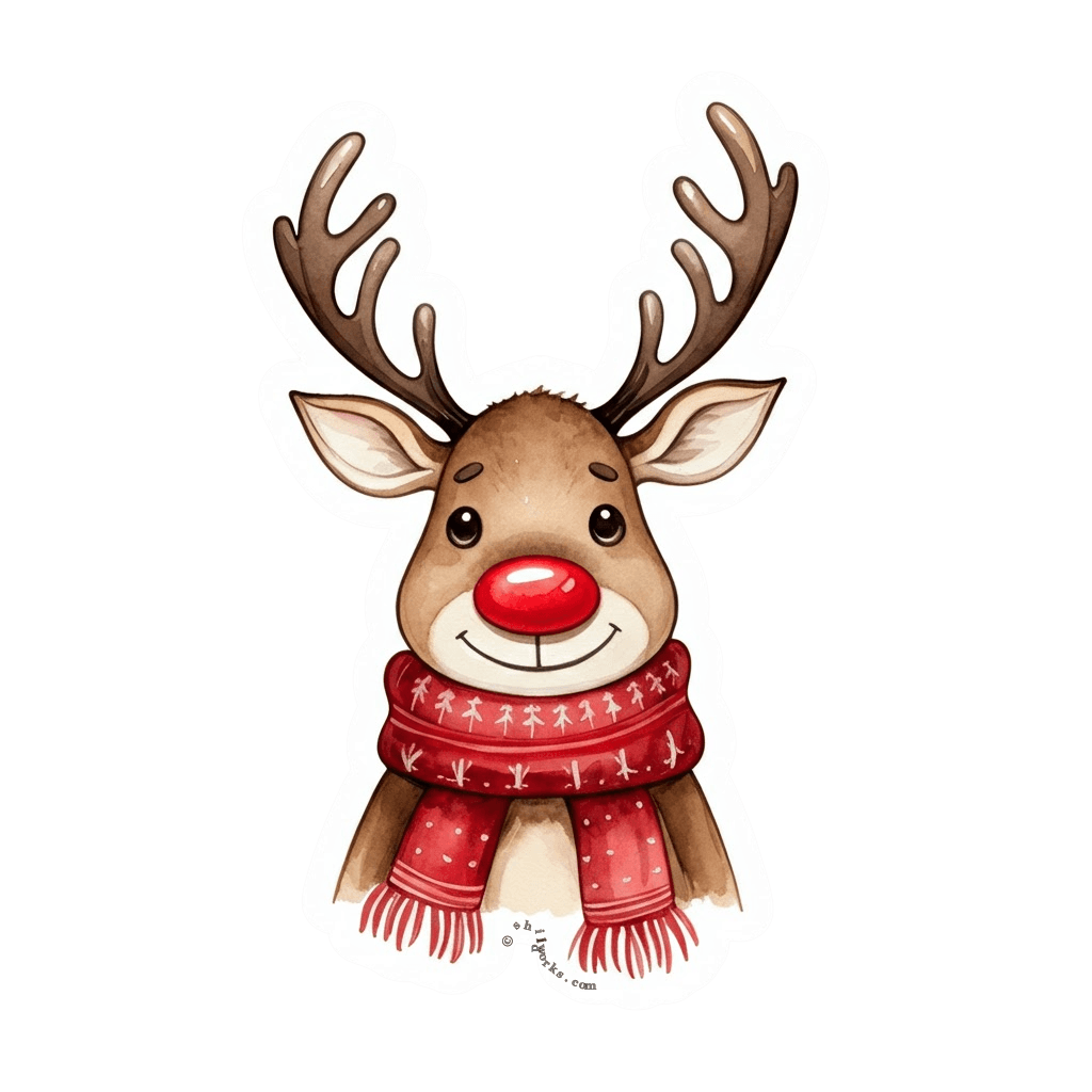A cute cartoon reindeer with a red nose and scarf, smiling.
