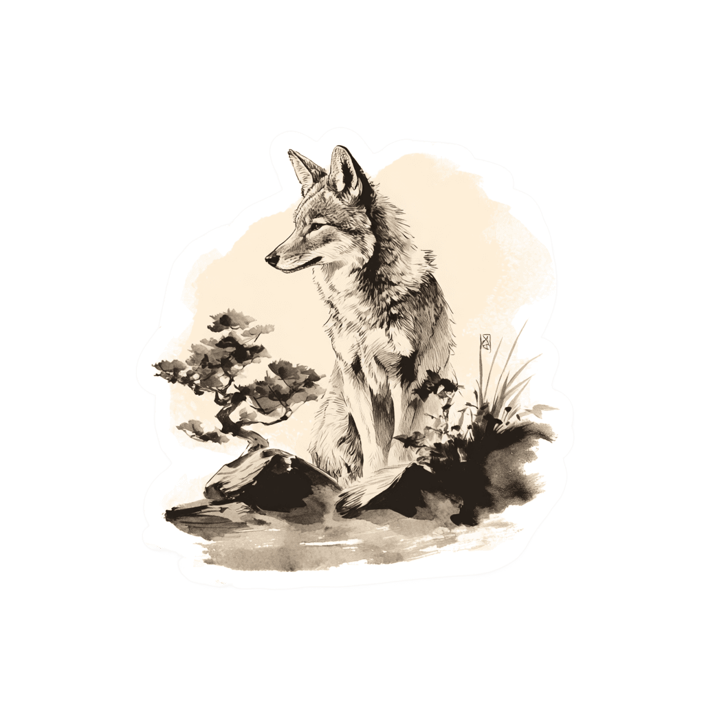 Illustration of a coyote sitting by a bonsai tree in an ink wash style.