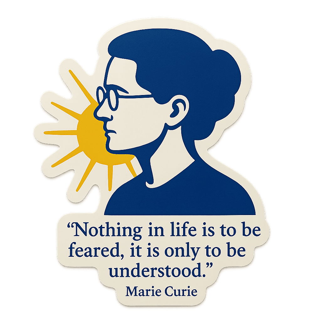 Geometric art featuring Marie Curie portrait and inspirational quote.
