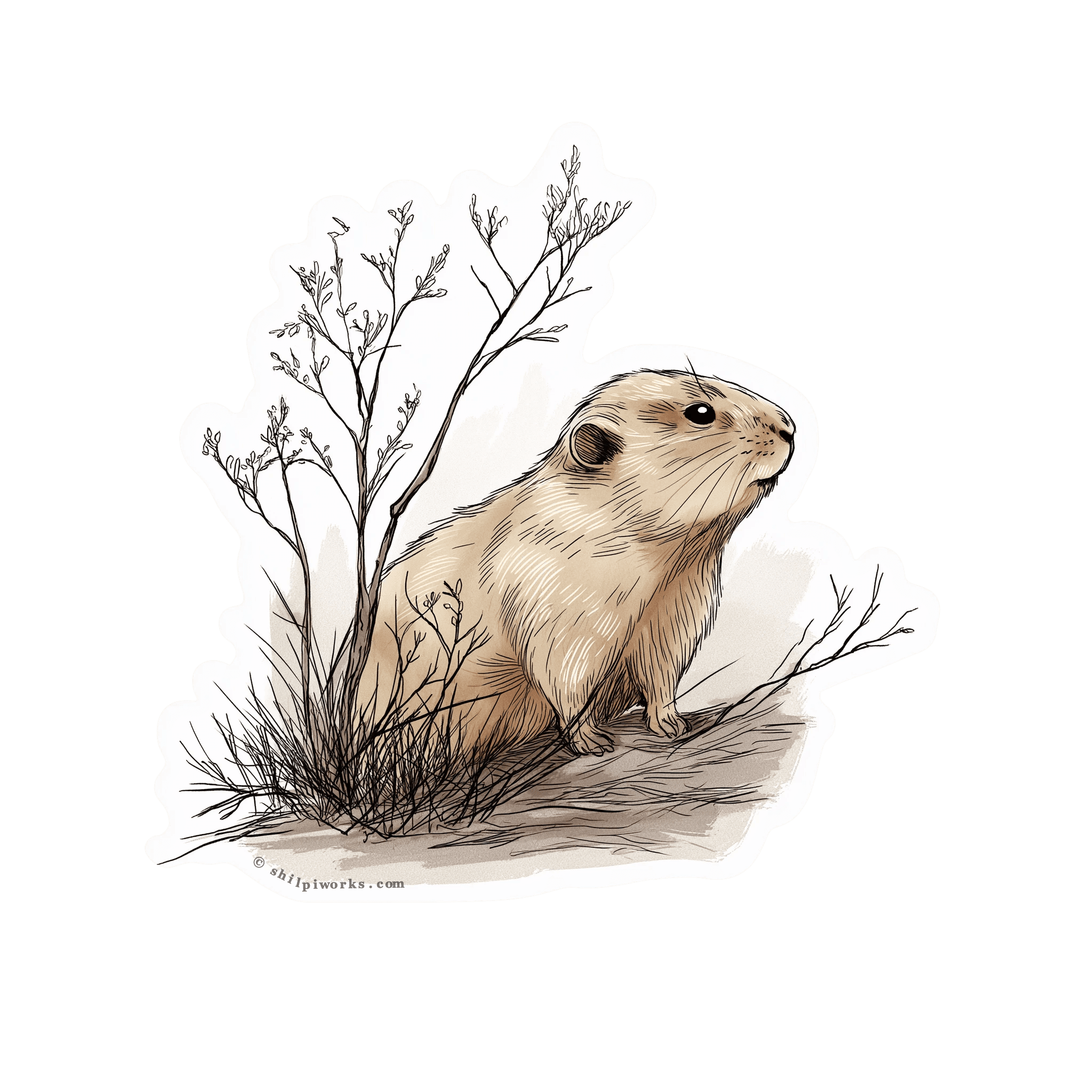 Illustration of a brown prairie dog sitting amongst plants and grass.
