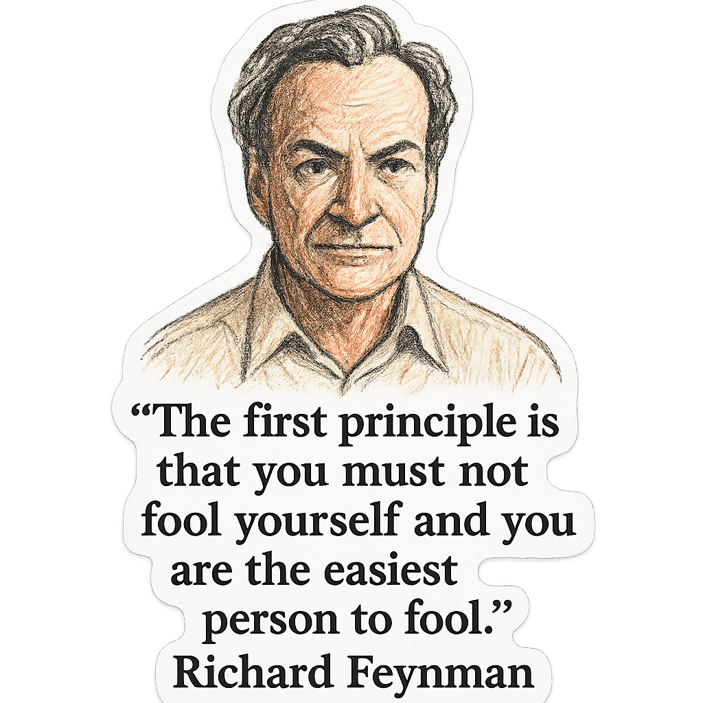 Portrait of Richard Feynman with his quote about self-deception.