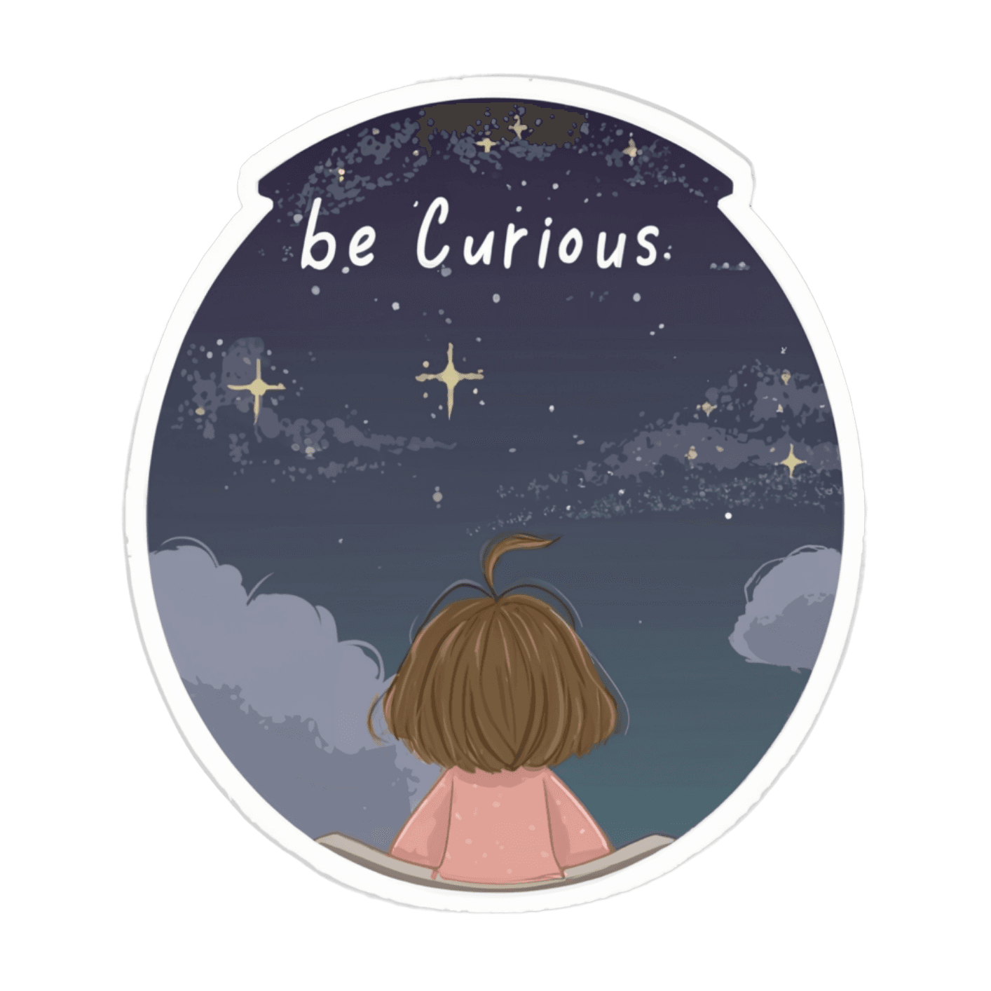 A young girl with brown hair in a pink outfit looking at a starry night sky with the phrase 'be Curious.' above her.