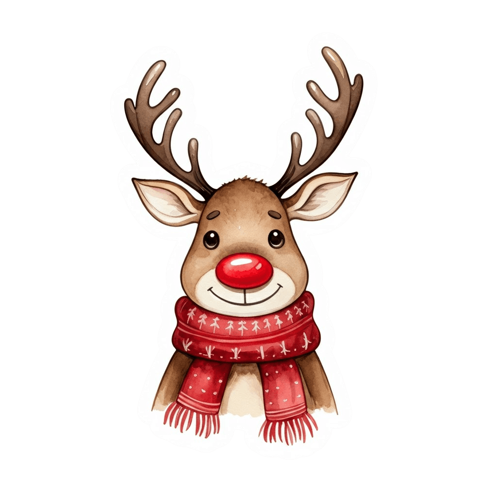 A cute cartoon reindeer with a red nose and scarf, smiling.