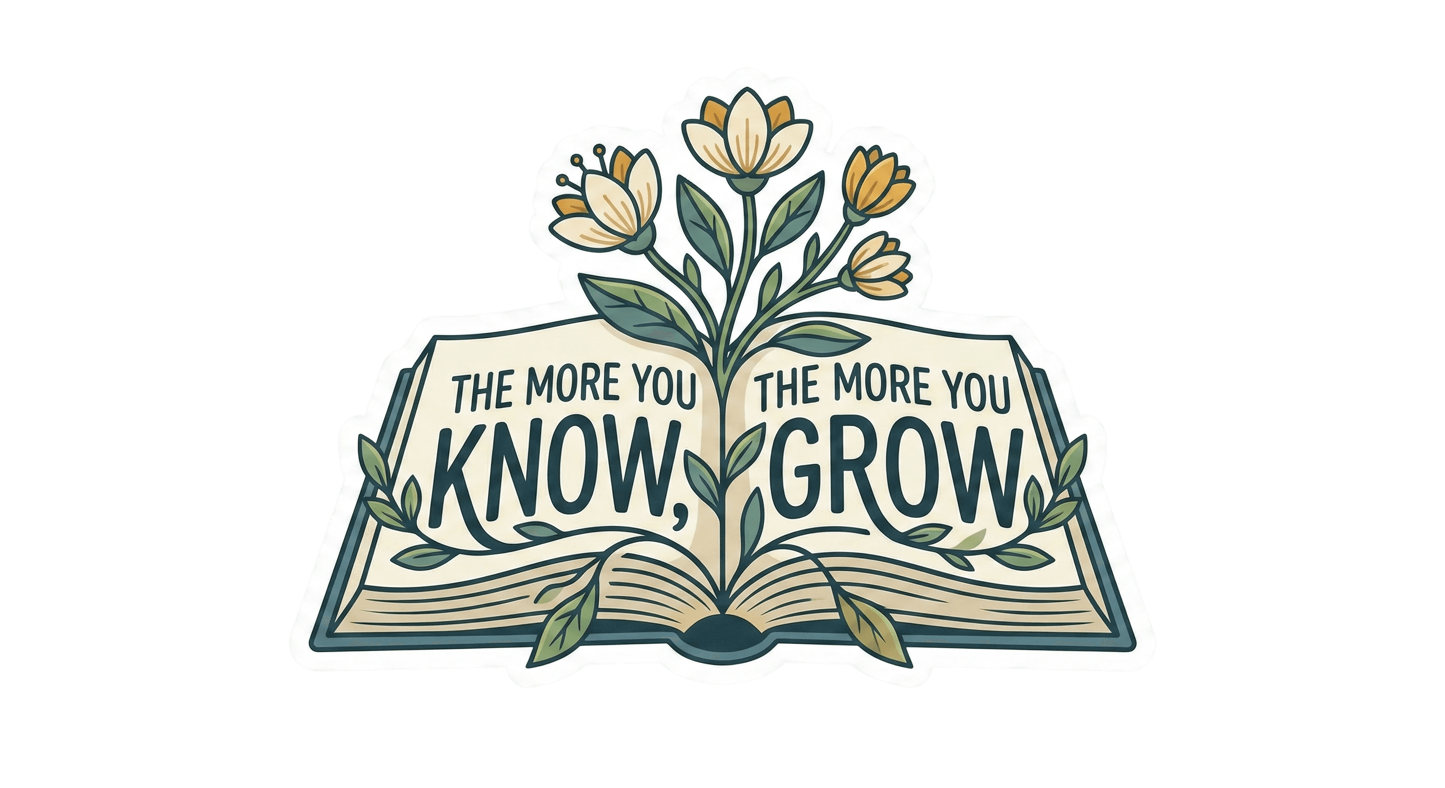 A sticker depicting an open book with flowers growing from its pages, accompanied by the text 'THE MORE YOU KNOW, THE MORE YOU GROW'.
